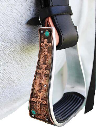 Horse Western 5" Wide Barrel Racer Aluminum Copper Cross Engraved Show Stirrups 51233 in Saudi Arabia