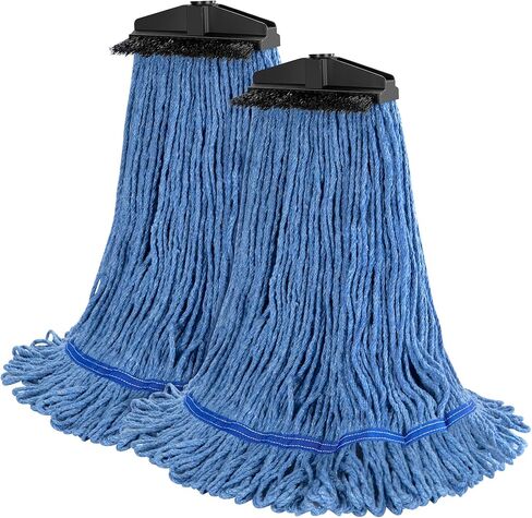 ONESIMUS Large Heavy-Duty Commercial Mop Head Replacement – Screw-On Wet Industrial Cotton Looped String Refill with Built-in Tough Polypropylene Bristle Brush for Floor Cleaning (Blue 2 Pack) in Kuwait