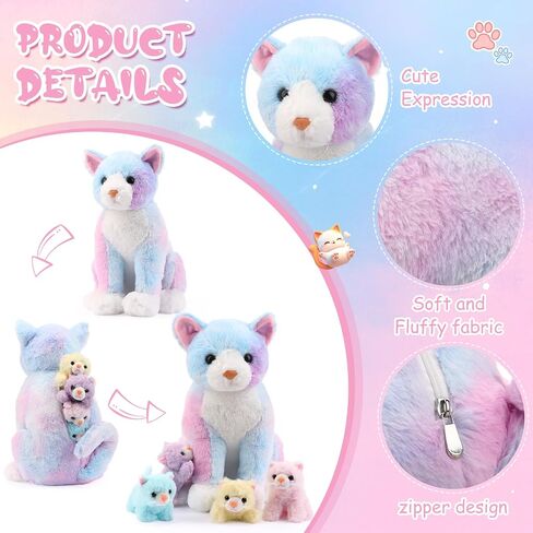 Hydren 5 PCS Easter Cat محشوة حيوان مع 4 قططات ، 13.78 بوصة قطة الأم الفخمة الكبيرة مع الأطفال في الداخل في حقيبة سستة ، Ragdoll Cat محشو هدايا محددة لحفلة عيد ميلاد بوي فتاة (رمادي) in Saudi Arabia