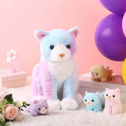 Hydren 5 PCS Easter Cat محشوة حيوان مع 4 قططات ، 13.78 بوصة قطة الأم الفخمة الكبيرة مع الأطفال في الداخل في حقيبة سستة ، Ragdoll Cat محشو هدايا محددة لحفلة عيد ميلاد بوي فتاة (رمادي) in Saudi Arabia