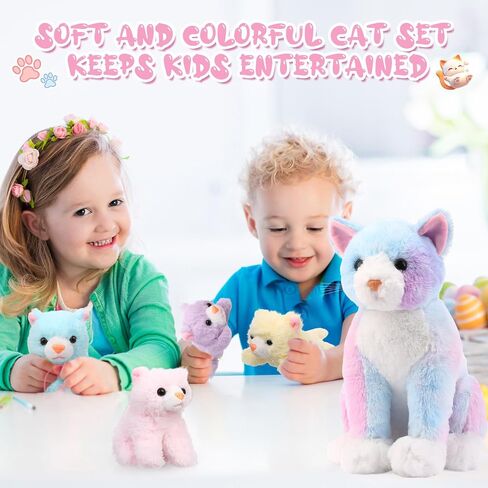 Hydren 5 PCS Easter Cat محشوة حيوان مع 4 قططات ، 13.78 بوصة قطة الأم الفخمة الكبيرة مع الأطفال في الداخل في حقيبة سستة ، Ragdoll Cat محشو هدايا محددة لحفلة عيد ميلاد بوي فتاة (رمادي) in Saudi Arabia