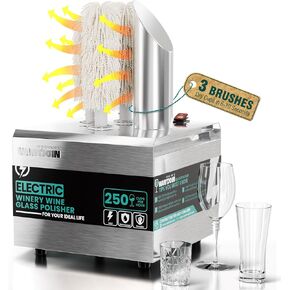 WantJoin Commercial Electric Wine Glass Polisher Machine - 3 Brushes, 250 Cups/Hour, 1150W High Power, Auto Dryer with 304 Stainless Steel & Cotton, 140°F Air Drying for Bar Restaurant Kitchen in Saudi Arabia