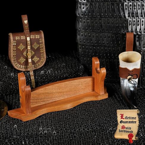 Mythrojan Medieval Sword Stand Solid Wood Horizontal Display Rack for Katana, Samurai, Gladiator, Crusader Swords Elegant Tabletop Holder, 1-Tier - Dark Brown in Saudi Arabia
