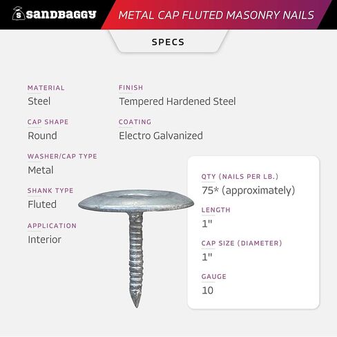 Sandbaggy 1" Metal Cap Fluted Masonry Nails - Electro Galvanized Steel (appx. 75 nails/lb) - Cement, Brick, Concrete Nails (25, Pounds) in Saudi Arabia