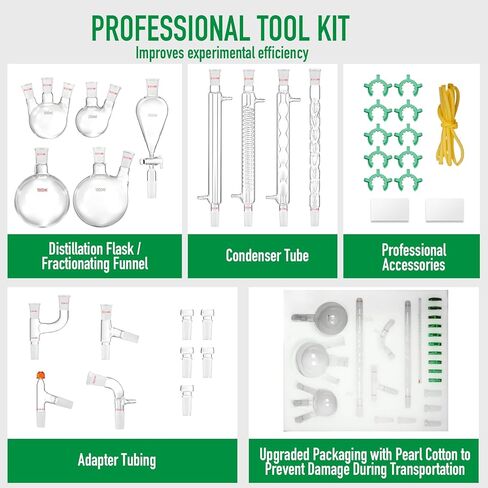 الأواني الزجاجية المختبرية الجديدة 24/40 الأواني الزجاجية الكيمياء 32PCS كيمياء المختبر مجموعة الأدوات الزجاجية 250 1000 مل لتنقية فصل التقطير （24/40 ، 32pcs） in Kuwait