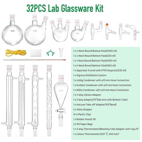 الأواني الزجاجية المختبرية الجديدة 24/40 الأواني الزجاجية الكيمياء 32PCS كيمياء المختبر مجموعة الأدوات الزجاجية 250 1000 مل لتنقية فصل التقطير （24/40 ، 32pcs） in Kuwait