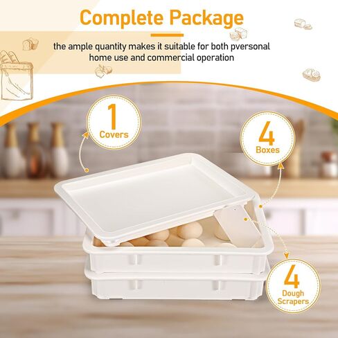 Suzile 4 Pcs Dough Tray Kit Pizza Dough Proofing Box Plastic Stackable Trays with Covers Pizza Storage Container Collapsible for Storage Safekeeping, 17.83'' x 12.8'' x 3.23'', 4 Trays with 1 Cover in Kuwait