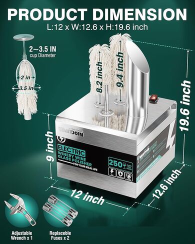 WantJoin Commercial Electric Wine Glass Polisher Machine - 3 Brushes, 250 Cups/Hour, 1150W High Power, Auto Dryer with 304 Stainless Steel & Cotton, 140°F Air Drying for Bar Restaurant Kitchen in Saudi Arabia