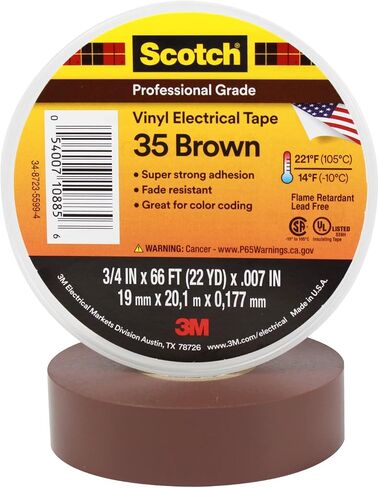 3M Scotch Vinyl Color Coding Electrical Tape 35, 3/4 in x 66 ft, Premium Grade, Flame Retardant, UV Resistant, Electrical and Mechanical Protection, Brown, 7 mil, 1 Roll in Saudi Arabia