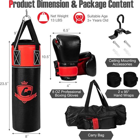 GYMAX Punching Bag for Kids, Pre Filled Kids Punching Bag with Boxing Gloves, Hand Wraps & Carry Bag, Hanging Heavy Punching Bag for Kids MMA Kick Boxing Muay Thai Taekwondo Karate Workout in Saudi Arabia