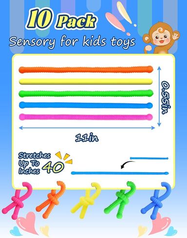 10 Pack Sensory Autism Toys for Kids – Colorful Stretchy Sensory Strings for Kids with Autism, ADHD, Anxiety – Durable Sensory Toys in Gift Box for Boys & Girls, Travel & Classroom Use - Smooth in Saudi Arabia