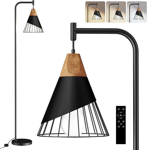 67" Industrial Floor Lamp with Wood & Black Metal Shade, Modern Standing Lamp, Rustic Farmhouse Tall Lamp for Living Room Bedroom Office, 2700K Bulb & Foot Switch Included (Black) in Saudi Arabia