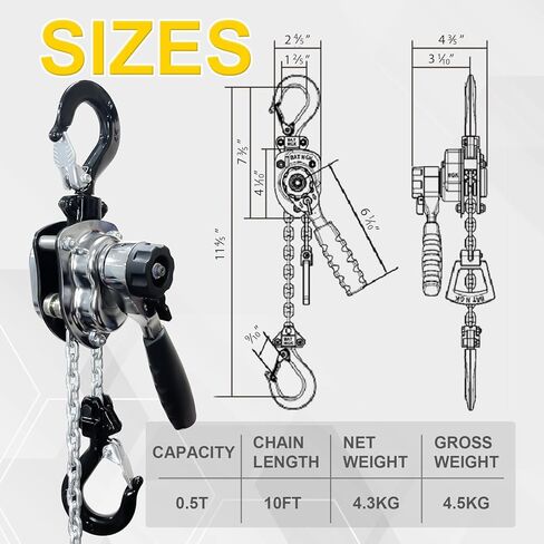 Heavy-Duty Manual Lever Chain Hoist Come Along 1/2 Ton 1100LBS 10FT Lift, Enhanced Pawl Brake Industrial G80 Alloy Steel w/ 360° Hooks for Construction Logging Garage Warehouse, Red in Saudi Arabia