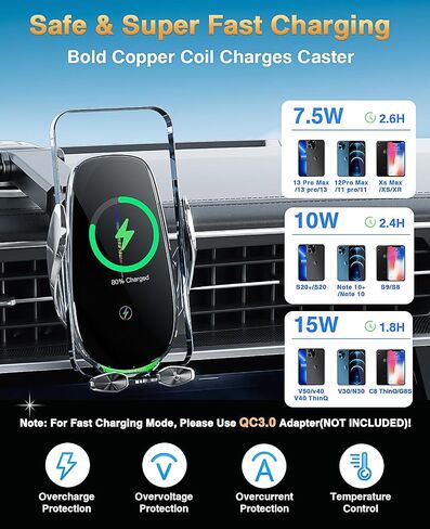 شاحن السيارات اللاسلكي ، شاحن لاسلكي سريع 15 واط للسيارات التلقائي ، مناسب مع iPhone 15 14 13 12 11 Pro Max XS ، Samsung Galaxy S23 Ultra S22 S21 S20 ، S10+ S9+ Note 9 ، إلخ in Kuwait