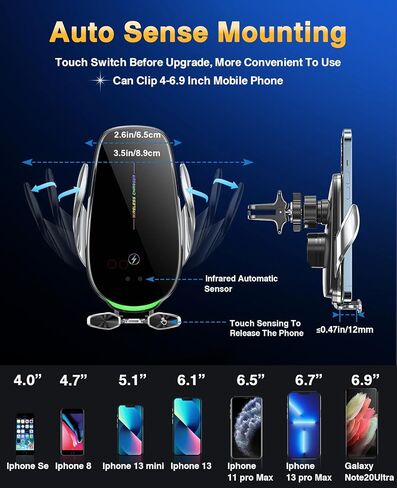 شاحن السيارات اللاسلكي ، شاحن لاسلكي سريع 15 واط للسيارات التلقائي ، مناسب مع iPhone 15 14 13 12 11 Pro Max XS ، Samsung Galaxy S23 Ultra S22 S21 S20 ، S10+ S9+ Note 9 ، إلخ in Kuwait