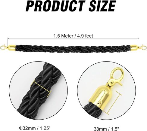 2Pcs 5Ft Stanchion Rope with Snap Hooks, Twisted Post Ropes, Crowd Control Ropes Barrier with Hooks for Engagement Hotel Banquets Parties Venues Decoration (Black Golden) in Saudi Arabia