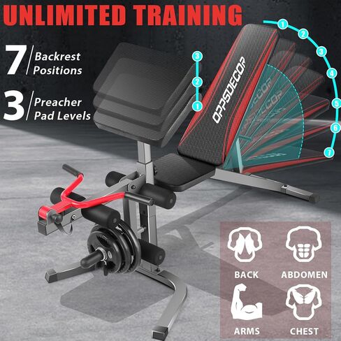 OPPSDECOR 900LBS Adjustable Weight Bench Press with Leg Extension and Preacher Curl Pad, Flat Incline Decline Utility Workout Bench for Home Gym Exercise in Kuwait