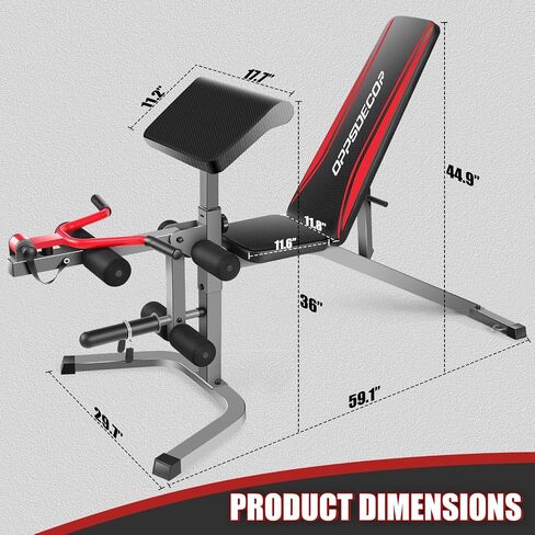 OPPSDECOR 900LBS Adjustable Weight Bench Press with Leg Extension and Preacher Curl Pad, Flat Incline Decline Utility Workout Bench for Home Gym Exercise in Kuwait