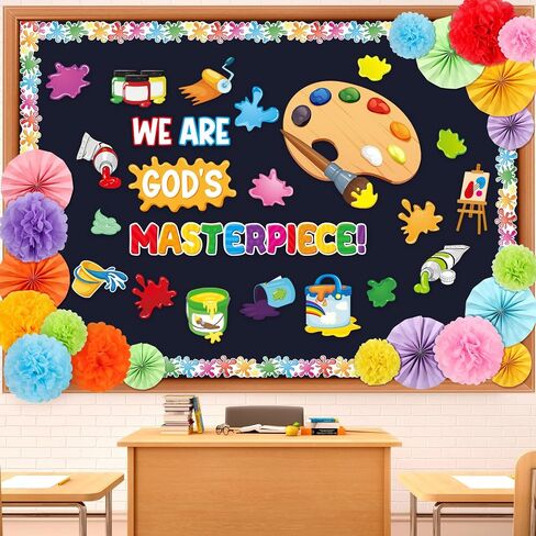Pasimy Classroom Bulletin Board Decorations Painting Art Cutouts Bulletin Board Set 3D Classroom Decoration with Tissue Paper Flowers Paper Fans Back to School Decor for School Wall (Vivid) in Saudi Arabia