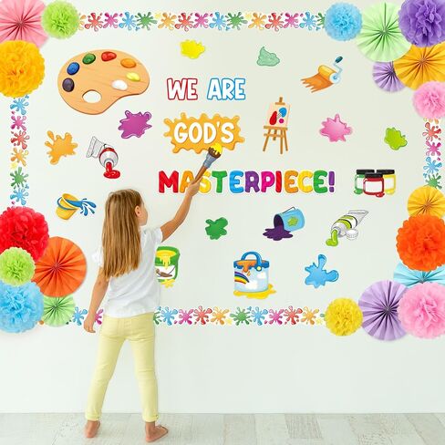 Pasimy Classroom Bulletin Board Decorations Painting Art Cutouts Bulletin Board Set 3D Classroom Decoration with Tissue Paper Flowers Paper Fans Back to School Decor for School Wall (Vivid) in Saudi Arabia