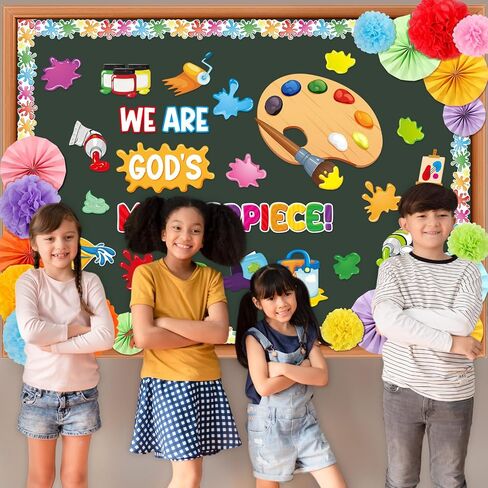 Pasimy Classroom Bulletin Board Decorations Painting Art Cutouts Bulletin Board Set 3D Classroom Decoration with Tissue Paper Flowers Paper Fans Back to School Decor for School Wall (Vivid) in Saudi Arabia
