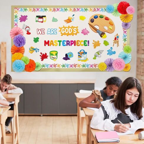 Pasimy Classroom Bulletin Board Decorations Painting Art Cutouts Bulletin Board Set 3D Classroom Decoration with Tissue Paper Flowers Paper Fans Back to School Decor for School Wall (Vivid) in Saudi Arabia
