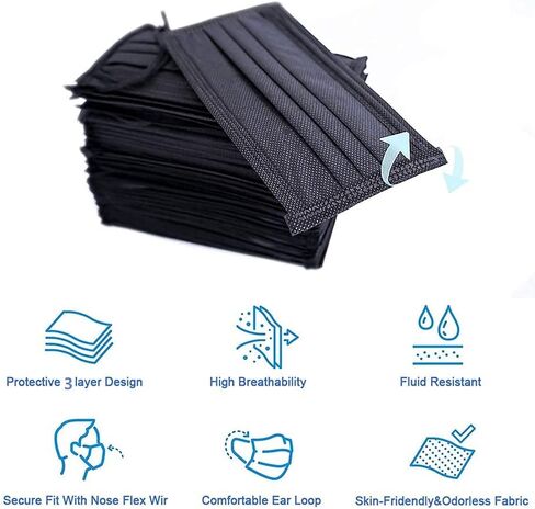 Montana West 2000 PCS BLAK FACE SANCKS (40 حزمة ، 50pcs/pack) ، أقنعة ثلاث طبقات سميكة غير منسوجة مع إيرلووب قابل للتعديل in Saudi Arabia