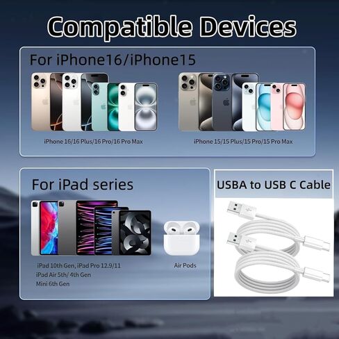 USB-C to Lightning Cable, 6 Feet, 2-Pack, 90 Degree Fast Charging Cord for iPhone 16/15/14/13/12, iPad, MacBook, Samsung Galaxy in Kuwait