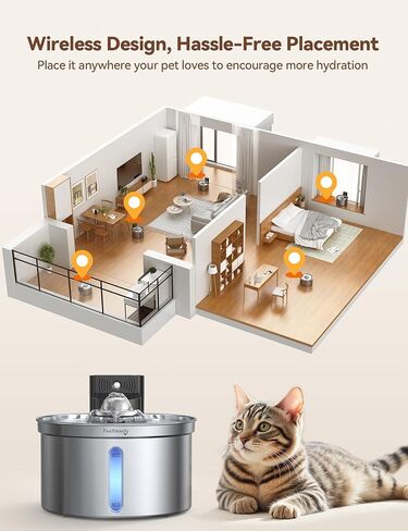 نافورة ماء من الفولاذ المقاوم للصدأ اللاسلكي-عزل مياه كهروضوئية آمنة ، سعة 3.5 لتر مع بطارية قابلة للفصل 4000 مللي أمبير في الساعة ، مرشح XL ، مضخة فائقة الدقة ، استشعار ذكي تدير البطارية للقطط والحيوانات الأليفة in Kuwait