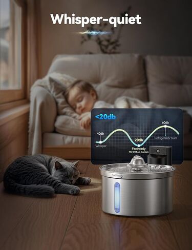 نافورة ماء من الفولاذ المقاوم للصدأ اللاسلكي-عزل مياه كهروضوئية آمنة ، سعة 3.5 لتر مع بطارية قابلة للفصل 4000 مللي أمبير في الساعة ، مرشح XL ، مضخة فائقة الدقة ، استشعار ذكي تدير البطارية للقطط والحيوانات الأليفة in Kuwait