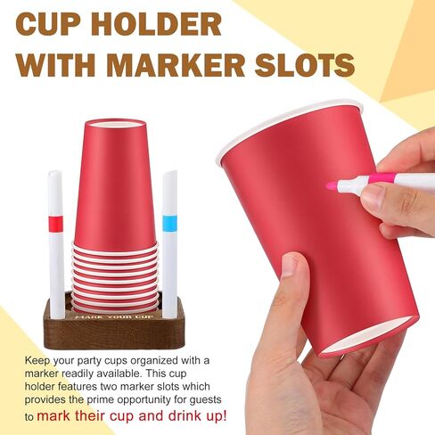 Party Cup Holder with Marker Slot Brown Wooden Organizer Plastic/Paper Cup Dispenser for Marking Cup Holders at Party, Kitchen Countertop, Picnic and Social Gathering in Saudi Arabia