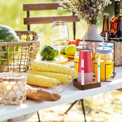 Party Cup Holder with Marker Slot Brown Wooden Organizer Plastic/Paper Cup Dispenser for Marking Cup Holders at Party, Kitchen Countertop, Picnic and Social Gathering in Saudi Arabia