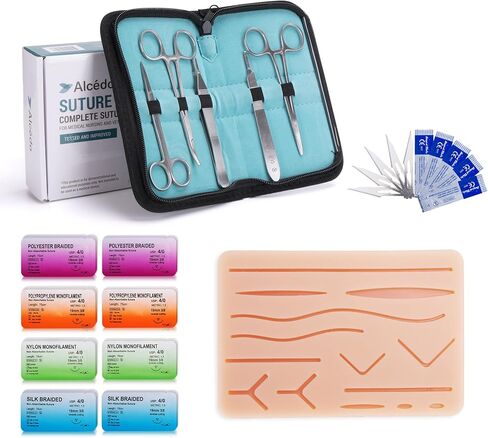 Alcedo Suture Practice Kit for Medical Students | Complete Kit (32 Pieces) Include Durable Large Suturing Pad with Pre-Cut Wounds, Tools Kit, and Suture Threads | Perfect for Practice, Demonstration in Kuwait