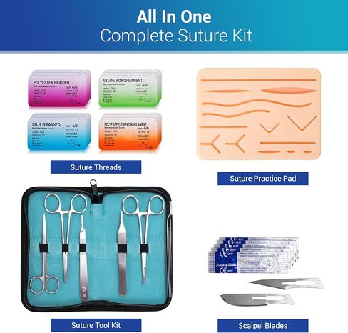 Alcedo Suture Practice Kit for Medical Students | Complete Kit (32 Pieces) Include Durable Large Suturing Pad with Pre-Cut Wounds, Tools Kit, and Suture Threads | Perfect for Practice, Demonstration in Kuwait