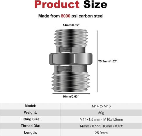 2Pcs M14 to M16 Carbon Stee Fittings Adapters for Mini Excavator Hydraulic Hose Pipe Thread Connector Compatible with AGT、FF Industries、VICSEC、Miva、Machpro、TPM in Kuwait