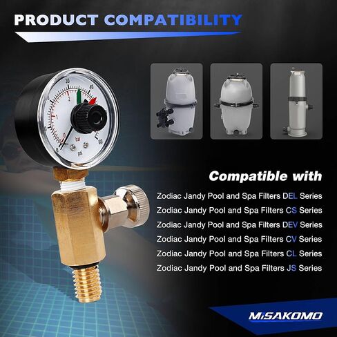 RV40500 Air Relief Valve and Gauge Assembly - صمام نحاسي وقياس مع الاتصال الهاتفي متوافق مع Zodiac Jandy CV و CL و DEV و DEL و JS Series ومرشحات سبا- استبدال#R0357200 in Saudi Arabia