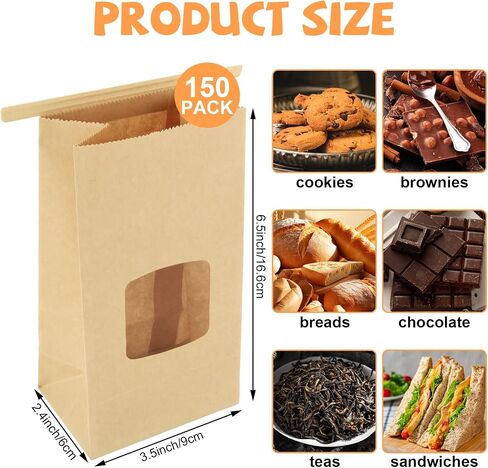 QTLCOHD 150 PCS أكياس مخبز صغيرة مع نافذة 3.54 × 2.36 × 6.7 TIN TIN TIB BROWN LOCK Kraft Paper Bread for Cookies ، Treat ، القهوة ، المعجنات in Kuwait
