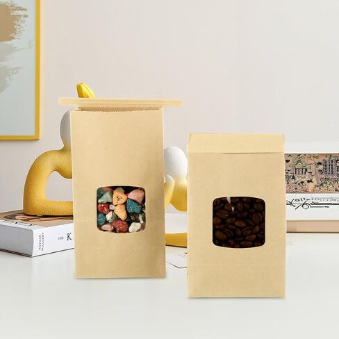 QTLCOHD 150 PCS أكياس مخبز صغيرة مع نافذة 3.54 × 2.36 × 6.7 TIN TIN TIB BROWN LOCK Kraft Paper Bread for Cookies ، Treat ، القهوة ، المعجنات in Kuwait