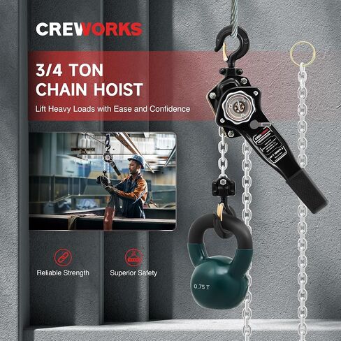 CREWORKS Lever Chain Hoist, 3/4 Ton 1650 lb Capacity 5 ft Manual Chain Hoist with G80 Galvanized Chain & Swivel Hooks, Heavy Duty Manual Lever Hoist for Construction Warehouse Automotive Factory in Saudi Arabia