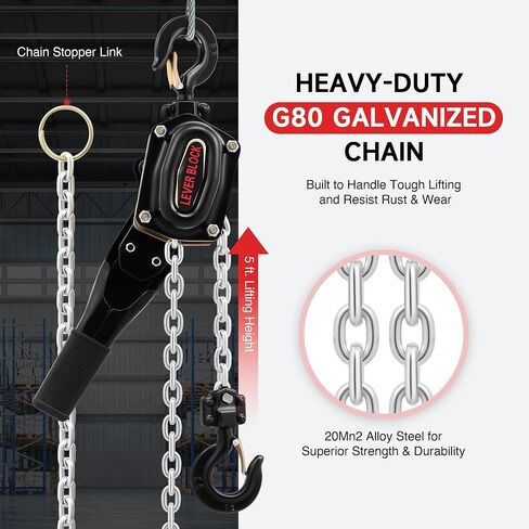 CREWORKS Lever Chain Hoist, 3/4 Ton 1650 lb Capacity 5 ft Manual Chain Hoist with G80 Galvanized Chain & Swivel Hooks, Heavy Duty Manual Lever Hoist for Construction Warehouse Automotive Factory in Saudi Arabia