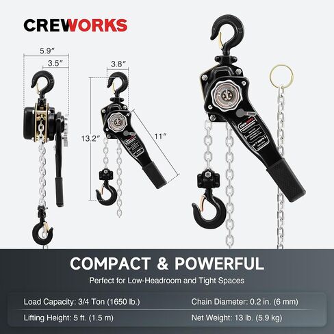CREWORKS Lever Chain Hoist, 3/4 Ton 1650 lb Capacity 5 ft Manual Chain Hoist with G80 Galvanized Chain & Swivel Hooks, Heavy Duty Manual Lever Hoist for Construction Warehouse Automotive Factory in Saudi Arabia