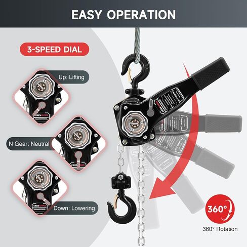 CREWORKS Lever Chain Hoist, 3/4 Ton 1650 lb Capacity 5 ft Manual Chain Hoist with G80 Galvanized Chain & Swivel Hooks, Heavy Duty Manual Lever Hoist for Construction Warehouse Automotive Factory in Saudi Arabia