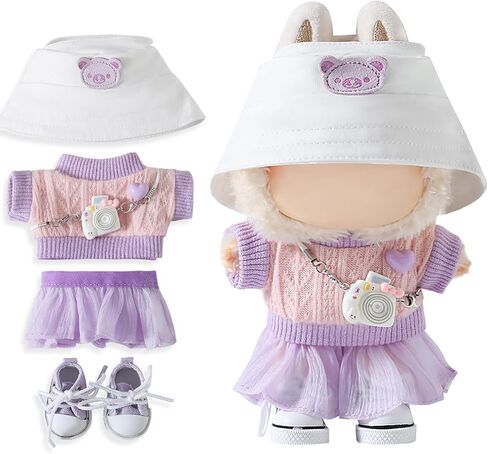 5-Piece 17cm Doll Outfit Set - Knit Top, Mini Replica Camera - Pink Fashion Outfit Set for Collectible Figures - （Hats, Dresses, Skirts, Slung Accessories Cameras, Shoes ） No Doll Included in Kuwait