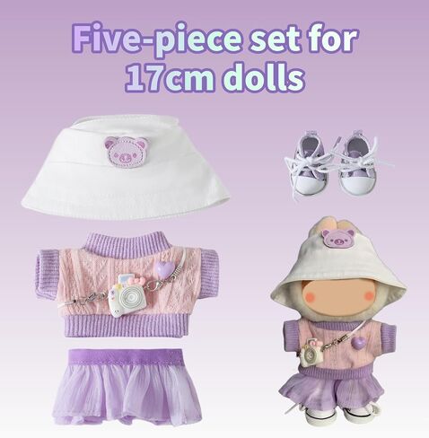 5-Piece 17cm Doll Outfit Set - Knit Top, Mini Replica Camera - Pink Fashion Outfit Set for Collectible Figures - （Hats, Dresses, Skirts, Slung Accessories Cameras, Shoes ） No Doll Included in Kuwait