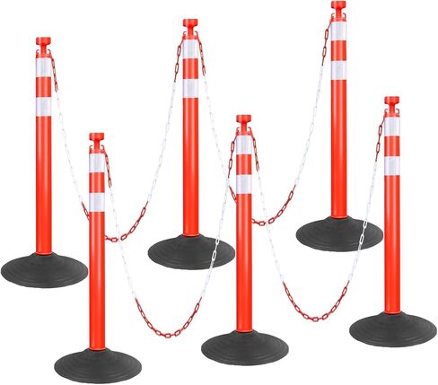 6 Pack Delineator Post Cones - 6.6 Feet Plastic Chain Outdoor Stanchions Traffic Delineator Post with Rubber Base for Driveway Road Construction​ Parking Lot (Red) in Saudi Arabia