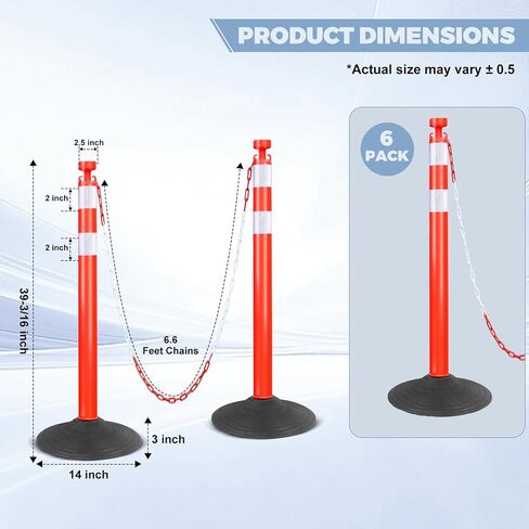 6 Pack Delineator Post Cones - 6.6 Feet Plastic Chain Outdoor Stanchions Traffic Delineator Post with Rubber Base for Driveway Road Construction​ Parking Lot (Red) in Saudi Arabia