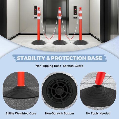 6 Pack Delineator Post Cones - 6.6 Feet Plastic Chain Outdoor Stanchions Traffic Delineator Post with Rubber Base for Driveway Road Construction​ Parking Lot (Red) in Saudi Arabia