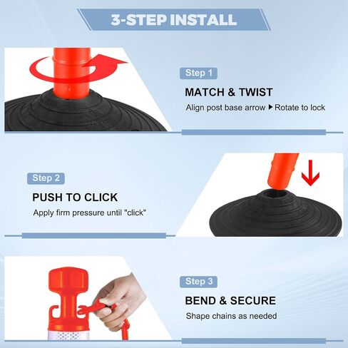 6 Pack Delineator Post Cones - 6.6 Feet Plastic Chain Outdoor Stanchions Traffic Delineator Post with Rubber Base for Driveway Road Construction​ Parking Lot (Red) in Saudi Arabia
