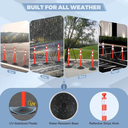 6 Pack Delineator Post Cones - 6.6 Feet Plastic Chain Outdoor Stanchions Traffic Delineator Post with Rubber Base for Driveway Road Construction​ Parking Lot (Red) in Saudi Arabia