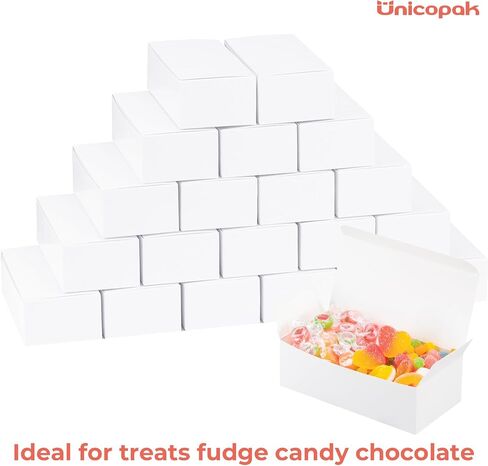 UnicoPak 20 Pack 1 Lb. Candy Boxes, Food Grade White Small Gift Boxes for Fudge Candy Chocolate Treat Goodie, Ideal for Birthday Christmas Party Homemade Business, 7 1/8" x 3 3/8" x 2" in Kuwait